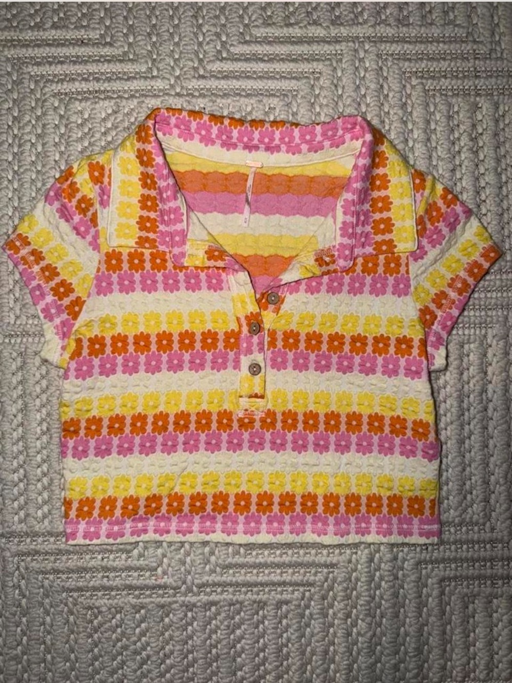 Free People Floral Stripe Crop Polo - Pink, Orange, Yellow, & White